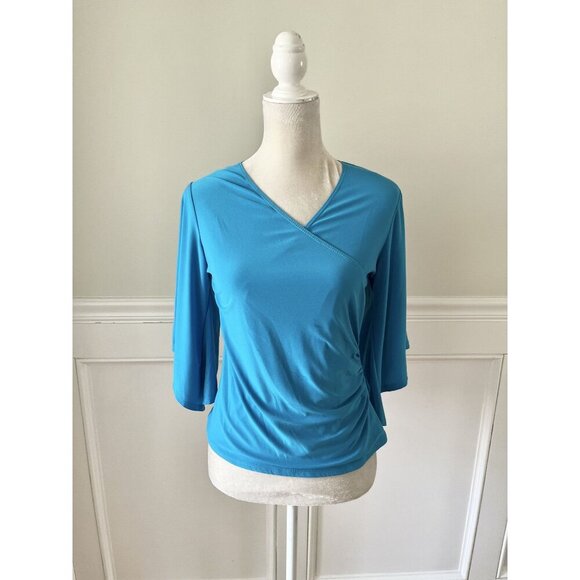 Coco Bianco Flutter Sleeve Blue Surplice Top With Ruched Detail 3/4 Sleeves Smal - Picture 1 of 5